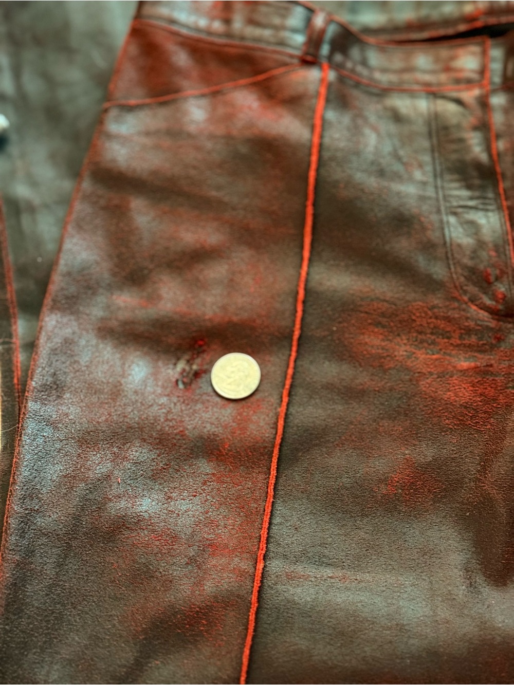 ARCHIVAL SUIT JEWELS by Julie Knapp Burnished Leather Moto Suit Set/S Red Black - Picture 15 of 16